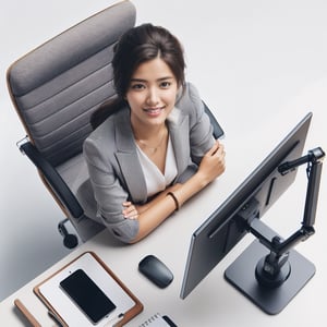 Realistic 16K resolution photography from a top-down perspective of a beautiful office woman sitting on a desk with a white background. The desk has an articulating monitor arm, a tablet on a foldable stand, and a smartphone. The woman is wearing professional office attire and smiling, creating a friendly and professional atmosphere. All objects and the woman are clearly visible and fully displayed against the white background. Realistic lighting, high detail, and clarity.
break,
1 girl, Exquisitely perfect symmetric very gorgeous face, Exquisite delicate crystal clear skin, Detailed beautiful delicate eyes, perfect slim body shape, slender and beautiful fingers, nice hands, perfect hands, illuminated by film grain, realistic skin, dramatic lighting, soft lighting, realistic texture, exaggerated perspective of ((Wide-angle lens depth)).