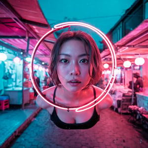 ((Realistic 8K resolution, RAW, extreme detail description)) taken from the bottom up, at ground level photography of full body shot of a young, attractive Asian woman floats in the air, her face surrounded by a glowing halo of red neon lights. There are no bones under her neck, but instead a series of realistic organs, including a spleen, pancreas, kidneys, liver, intestines and extended intestinal structures. dark theme, at city street, near beach.illuminated by film grain, realistic style, realistic skin texture, dramatic lighting, soft lighting, exaggerated perspective of ((Wide-angle lens depth)),