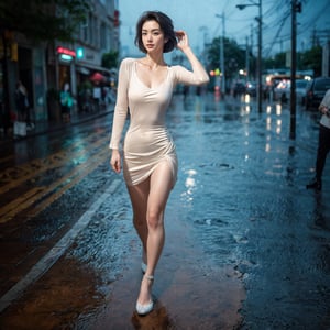 ((Realistic 8K resolution, RAW, extreme detail description)) low angle shot photographic of 1girl dressed in white deress and red high hill, walking on downtown street during heavy rain, dark theme,
break, 
1girl, floating hair, Exquisitely perfect symmetric very gorgeous face, Exquisite delicate crystal clear skin, Detailed beautiful delicate eyes, perfect slim body shape, slender and beautiful fingers, legs, perfect hands, legs, illuminated by film grain, realistic style, realistic skin texture, dramatic lighting, soft lighting, exaggerated perspective of ((Wide-angle lens depth)),