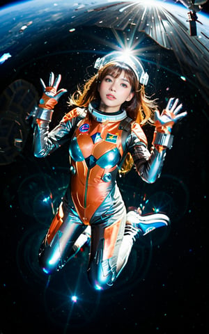 Realistic high resolution low angle view photography of 1girl wearing space suit, helmet, floating in the air, full_body, in outer space,
break, 
1 girl, Exquisitely perfect symmetric very gorgeous face, Exquisite delicate crystal clear skin, Detailed beautiful delicate eyes, perfect slim body shape, slender and beautiful fingers, legs, perfect hands, legs, illuminated by film grain, realistic style, realistic skin texture, dramatic lighting, soft lighting, exaggerated perspective of ((Wide-angle lens depth)),Fantasy,Galaxy,