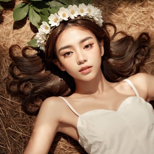 Realistic 16K resolution photography of 1girl with a simple white flower crown on her head. Her hair is long and she is lying on the ground. The sunlight on the trees casts shadows from the leaves on her face and body. The background is a neutral brown color that matches her skin tone. The image is minimalist and solid colors, illuminated by film grain, realistic skin, dramatic lighting, soft lighting, exaggerated perspective of ((Wide-angle lens depth)),Enhanced All,