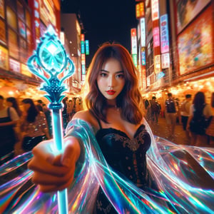 Realistic 16K resolution photography of a stunning girl in trendy attire angrily waves her sceptre, surrounded by vivid flow effects. Enhance the refraction overlay for vibrancy and extend it across the scene. Sharpen the light lens prism effect for clearer color splits and bright highlights. Deepen the holographic reflections for a relistic look. Brighten the diffused colors, n Osaka at night market,
break,
1 girl, Exquisitely perfect symmetric very gorgeous face, Exquisite delicate crystal clear skin, Detailed beautiful delicate eyes, perfect slim body shape, slender and beautiful fingers, nice hands, perfect hands, illuminated by film grain, realistic skin, dramatic lighting, soft lighting, realistic texture, exaggerated perspective of ((Wide-angle lens depth)).,hinaigirl,Wonder of Beauty,Enhanced All