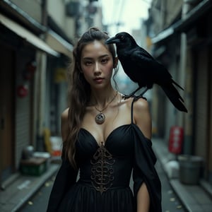 ((Realistic 16K resolution, RAW, extreme detail description)) photography of 1girl with a raven perched on her shoulder, at messy old alley in Osaka, displaying exaggerated posture and movement.
break, 
1girl, Exquisitely perfect symmetric very gorgeous face, Exquisite delicate crystal clear skin, Detailed beautiful delicate eyes, perfect slim body shape, slender and beautiful fingers, legs, perfect hands, legs, illuminated by film grain, realistic style, realistic skin texture, dramatic lighting, soft lighting, exaggerated perspective of Wide-angle lens depth,