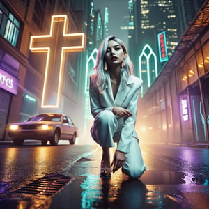 ((Realistic 8K resolution, RAW, extreme detail description)) photography of 1girl, Wearing a white suit, he knelt on the rain-soaked street, with huge neon cross floating in the air and damaged and deserted Cyberpunk Church behind her.
break, 
1girl, floating hair, Exquisitely perfect symmetric very gorgeous face, Exquisite delicate crystal clear skin, Detailed beautiful delicate eyes, perfect slim body shape, slender and beautiful fingers, legs, perfect hands, legs, illuminated by film grain, realistic style, realistic skin texture, dramatic lighting, soft lighting, exaggerated perspective of ((Wide-angle lens depth)),