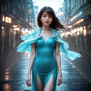 ((Realistic 8K resolution, RAW, extreme detail description)) of 1girl, walking on downtown street during heavy rain, dark theme,
break, 
1girl, floating hair, Exquisitely perfect symmetric very gorgeous face, Exquisite delicate crystal clear skin, Detailed beautiful delicate eyes, perfect slim body shape, slender and beautiful fingers, legs, perfect hands, legs, illuminated by film grain, realistic style, realistic skin texture, dramatic lighting, soft lighting, exaggerated perspective of ((Wide-angle lens depth)),