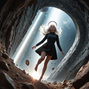 Realistic 16K resolution photography of a girl with Hair flowing in the wind, straight black hair and a black and gray loose suit. she jumping up. huge circular halo behind, on an unknown alien planet, surrounded by mineral rocks,
break, 
1girl, white hair, long hair,floating hair, blue eyes, Exquisitely perfect symmetric very gorgeous face, Exquisite delicate crystal clear skin, Detailed beautiful delicate eyes, perfect slim body shape, slender and beautiful fingers, legs, perfect hands, legs, illuminated by film grain, realistic style, realistic skin texture, dramatic lighting, soft lighting, exaggerated perspective of ((Wide-angle lens depth)), extreme detail description,