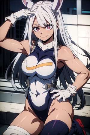 mirkomha, boku no hero academia, , rabbit ears, ((dark skin:1.5)), red eyes, sleeveless, white gloves, highleg leotard, (white hair, long hair), large breasts, fur collar, purple thighhighs, white leotard, kawaii