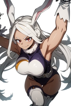 mirkomha, boku no hero academia, , rabbit ears, ((dark skin:1.5)), red eyes, sleeveless, white gloves, highleg leotard, (white hair, long hair), large breasts, fur collar, purple thighhighs, white leotard, kawaii