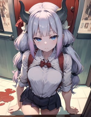 masterpiece, best quality, torso view only, 8k, detailed colors, bright skin colors, illustration (hyper detailed, brightness: 1.4), photo taken from the front, perfect detailed body, tight clothing, white horns, school outfit, in a red room, flushed face, sexy pose, Kanna Kamui
