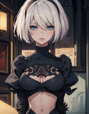 masterpiece, best quality, torso view only, 8k, detailed colors, bright skin colors, illustration (hyper detailed, brightness: 1.4), photo taken from the front, perfect detailed body, tight clothing, in a blue room, face blushing, sexy pose, yorha no. 2 type b
,2B Nier Automata