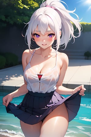 realistic, 1girl, ponytail, parted lips, blush, makeup, light smile, white hair, skirt, wet clothes, glow, thighs, purple eye, bare shoulders, collarbone, narrow waist, sunbeam, sunlight, rose, wind, cleavage, (masterpiece), 