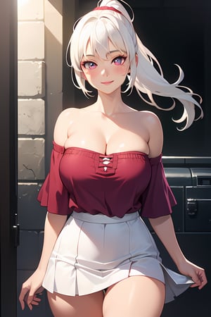 realistic, 1girl, ponytail,closedlips, blush, makeup, light smile, white hair, skirt, tight clothes, glow, thighs, purple eye, bare shoulders, collarbone, narrow waist, sunbeam, sunlight, rose, wind, cleavage, (masterpiece), big boob