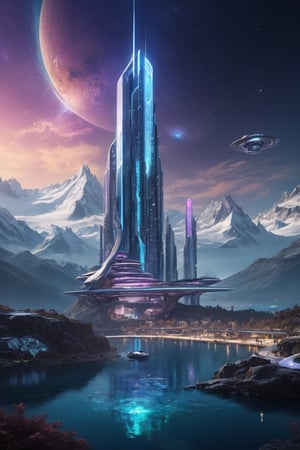 A futuristic city nestled between snowy mountain peaks or lining the shore of a crystal-clear lake. The city is made up of sleek, towering skyscrapers of glass and metal, glowing softly with neon blue and purple lights. Floating vehicles glide smoothly through the city’s skyline, and advanced bridges and platforms extend toward the lake, blending futuristic technology with the natural landscape. Above, a massive turquoise planet dominates the night sky, its swirling surface casting a soft glow over the snowy mountains and reflective lake. Stars twinkle in the vast expanse of space, and faint rings of cosmic dust circle the planet, adding to its majestic presence. The lake mirrors both the towering mountains and the glowing lights of the futuristic city, while snow-covered pine trees line the shore, adding a touch of nature amidst the advanced civilization. The color palette features icy blues, deep purples, and the luminous turquoise glow of the planet, creating a serene yet awe-inspiring atmosphere.,noc-fantasy,noc-landscape,Midjourney_Whisper,outdoor,futureskyline, Future City