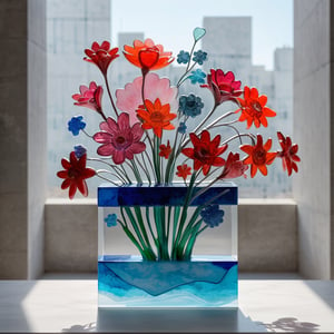 Intricate and gorgeous cermiacs floral bouquet in a rectangular porcelain vase on a brutalist cement table. Sophisticated composition and color palettes, in urban art gallery, Very sunny winter day, volumertric lighting, inspired by Mark Rothko, Mark Chagall, Bruno Munari and Benetton,Transparent Glass Flowers,Glass flowers,glass art,SkyRoad,glass,art,Masterpiece,Clay Animation