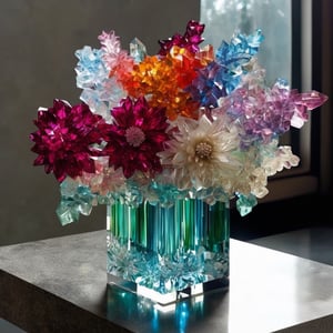 Intricate and gorgeous swarovski crystal floral bouquet in a rectangular swarovski crystal vase on a brutalist cement table. Sophisticated composition and color palettes, in urban art gallery, Very sunny winter day, volumertric lighting, inspired by Mark Rothko, Mark Chagall, Bruno Munari and Benetton,Transparent Glass Flowers,Glass flowers,glass art,SkyRoad,glass