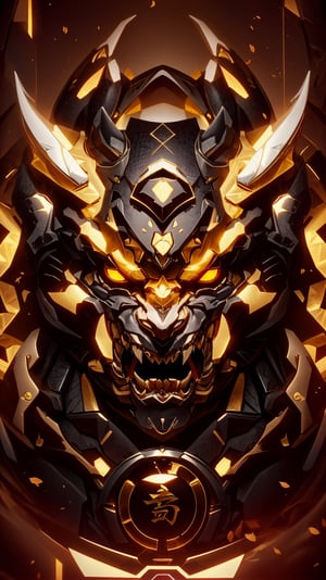 a red and gold demon with sharp teeth, wearing a helmet. The helmet is decorated with intricate patterns of flowers and other shapes in shades of black, white, and grey. The demon's face is mostly obscured by the helmet but its eyes are visible through two small slits. Its mouth is open wide to reveal sharp fangs that glint menacingly in the light. It has long horns protruding from either side of its head which curl around the sides of the helmet like an ornate frame. Its body appears to be covered in scales or armor plates that shimmer in shades of red and gold as they catch the light. In contrast to this fierce figure, delicate petals adorn its forehead like a crown - adding an unexpected touch of beauty to this otherwise intimidating creature.,zhongfenghua,luxtech,nvwashi,stealthtech 