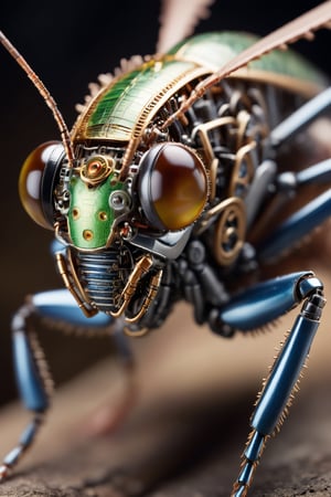 macro photography of cricket, in which the all body is being constructed by nanobots, nanotechnology, electronic circuitry, welding, wires, and the pupil of an eye is made of a robotic sensor, miki asai photo, high_res, cyborg style,steampunk style, gears, glass, optics, 