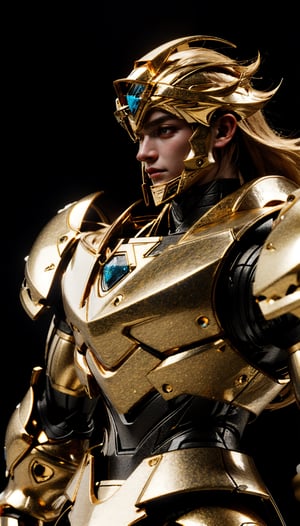 Caucasian, Aries gold saint armor, nano tech armor, intricated detail, head armor, saint seiya style, long hair, detailed gravure on armor, detailing texture on armor, muscular, shining gold armor, glowing, serious looking, hyperrealistic lighting, gynamic pose, realistic mirroring armor, 
hyperrealistic photo, RAW photo, shot on Sony A7III,perfecteyes,Male focus,RRS