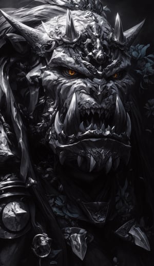 demon with sharp teeth, wearing a helmet. The helmet is decorated with intricate patterns of flowers and other shapes in shades of black, white, and grey. The demon's face is mostly obscured by the helmet but its eyes are visible through two small slits. Its mouth is open wide to reveal sharp fangs that glint menacingly in the light. It has long horns protruding from either side of its head which curl around the sides of the helmet like an ornate frame. In contrast to this fierce figure, delicate petals adorn its forehead like a crown - adding an unexpected touch of beauty to this otherwise intimidating creature.,zhongfenghua