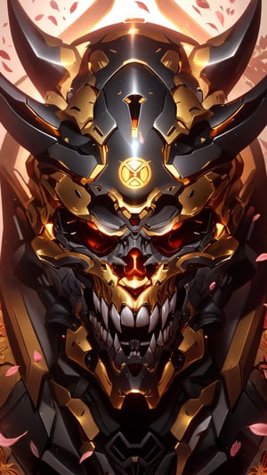 a red and gold demon with sharp teeth, wearing a helmet. The helmet is decorated with intricate patterns of flowers and other shapes in shades of black, white, and grey. The demon's face is mostly obscured by the helmet but its eyes are visible through two small slits. Its mouth is open wide to reveal sharp fangs that glint menacingly in the light. It has long horns protruding from either side of its head which curl around the sides of the helmet like an ornate frame. Its body appears to be covered in scales or armor plates that shimmer in shades of red and gold as they catch the light. In contrast to this fierce figure, delicate petals adorn its forehead like a crown - adding an unexpected touch of beauty to this otherwise intimidating creature.,zhongfenghua,luxtech,nvwashi,stealthtech 