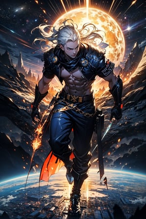multiple person, poster art, Luo Feng, anime boy, macho look, epic anime art, muscular figure, abs, belts, holster, (best quality, ultra quality)r, long hair, gray hair, split colors hair, detailed face, detailed eyes, full body, perfect lighting, HD, 8k, glossy skin, masterpiece, digital art, intricate details, highly detailed, volumetric lighting, background detiled, ue5, unreal engine 5, artstation, trending on artstation, post processing, line art, tiny details,  colorful detailed illustration, outer_space 1960s, cinematic, multiple light sources, sunset, Swallowed Star style