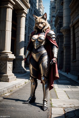  close up of a cat with a cape on a city street, concept art by Lisa Nankivil, muscular body, thick, trending on Artstation, furry art, superhero with a cat head, caracal cyborg, the golden cat armor knight, wearing golden cat armor, anthropomorphic lynx, armored cat, amazing 8k character concept art, unreal engine character art,,dwemertech,glasstech,amazon_dragonscrown_aiwaifu