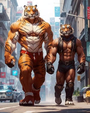 two tigers walking down a street in a city, muscular characters, muscular and terrifying, tigers, tiger_beast, anthropomorphic tiger, sylvain sarrailh and igor morski, muscular!! sci-fi, 2 muscular attractive men, muscular character, inspired by Rob Liefeld, profile pic, ((tiger)), as a character in tekken