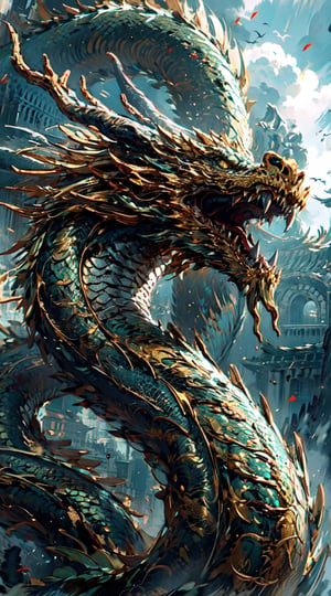 a dragon with a golden halo in the background, by Yang J, legendary dragon, dragon art, loong, black dragon, chinese dragon concept art, god of dragons, colossal dragon as background, epic dragon, dragon centered, dragon portrait, portrait of a dragon, cyborg dragon portrait, dragon mawshot art, a majestic gothic dragon, oil painting of dragon,long,M4rbleSCNEW