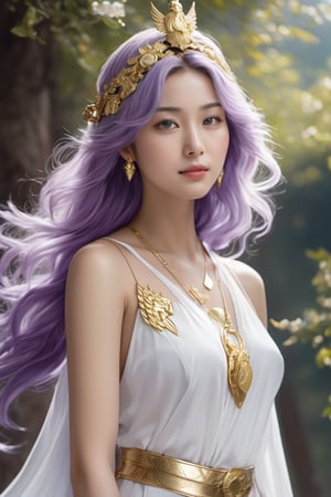 realistic, full-length portrait, Saori Kido, also known as Athena, is a 16-year-old girl of great elegance and beauty who arouses admiration around her. Her hair is long and a purple-blonde hue, flowing smoothly to her shoulders and framing her face. Her eyes are a deep light blue, with a serene and compassionate look that reflects her role as protector and leader. She wears a flowing white gown that falls to her ankles, decorated with golden details and intricate embroidery denoting her position as the goddess Athena. She wears a golden belt that adjusts the dress to her figure, and a similarly golden necklace adorns her neck. On her left wrist, she wears a gold bracelet with a small symbol representing the Pegasus constellation, in honor of the Knight of Pegasus, Seiya, one of her faithful protectors. In her right hand, she holds a ceremonial scepter that exudes a sense of divine power. Atop the scepter is a miniature replica of Pegasus' armor helmet, symbolizing her connection to the Bronze Knights and her mission to protect Earth. The expression on her face combines grace and serenity, with a slight smile reflecting her confidence in good and her desire to protect humanity. Her presence radiates authority and warmth, inspiring those around her to fight for justice and peace, full body shot, cinematic lighting, full body shot through the lens of a high speed DSLR camera, portrait of whole body.