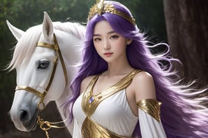 realistic, full-length portrait, Saori Kido, also known as Athena, is a 16-year-old girl of great elegance and beauty who arouses admiration around her. Her hair is long and a purple-blonde hue, flowing smoothly to her shoulders and framing her face. Her eyes are a deep light blue, with a serene and compassionate look that reflects her role as protector and leader. She wears a flowing white gown that falls to her ankles, decorated with golden details and intricate embroidery denoting her position as the goddess Athena. She wears a golden belt that adjusts the dress to her figure, and a similarly golden necklace adorns her neck. On her left wrist, she wears a gold bracelet with a small symbol representing the Pegasus constellation, in honor of the Knight of Pegasus, Seiya, one of her faithful protectors. In her right hand, she holds a ceremonial scepter that exudes a sense of divine power. Atop the scepter is a miniature replica of Pegasus' armor helmet, symbolizing her connection to the Bronze Knights and her mission to protect Earth. The expression on her face combines grace and serenity, with a slight smile reflecting her confidence in good and her desire to protect humanity. Her presence radiates authority and warmth, inspiring those around her to fight for justice and peace, full body shot, cinematic lighting, captured full body through the lens of a high speed DSLR camera.