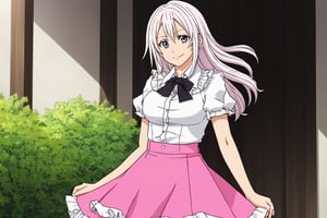 Elizabeth from Nanatsu no Taizai, the Seven Deadly Sins, long white hair, fitted pink short sleeve ruffle shirt blouse, black mini skirt