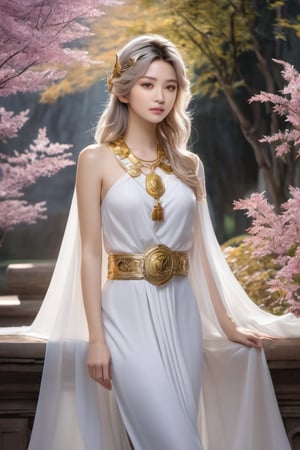 Realistic, Saori Kido, also known as Athena, is a 16-year-old girl of great elegance and beauty that arouses admiration around her. Her hair is long and a purple-blonde hue, flowing smoothly to her shoulders and framing her face. Her eyes are a deep light blue, with a serene and compassionate look that reflects her role as protector and leader. She wears a flowing white gown that falls to her ankles, decorated with golden details and intricate embroidery denoting her position as the goddess Athena. She wears a golden belt that adjusts the dress to her figure, and a similarly golden necklace adorns her neck. On her left wrist, she wears a gold bracelet with a small symbol representing the Pegasus constellation, in honor of the Knight of Pegasus, Seiya, one of her faithful protectors. In her right hand, she holds a ceremonial scepter that exudes a sense of divine power. Atop the scepter is a miniature replica of Pegasus' armor helmet, symbolizing his connection to the Bronze Knights and his mission to protect Earth. The expression on her face combines grace and serenity, with a slight smile reflecting her confidence in good and her desire to protect humanity. Her presence radiates authority and warmth, inspiring those around her to fight for justice and peace, full body shot, cinematic lighting, captured full body through the lens of a high speed DSLR camera.