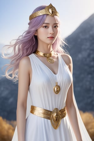 realistic, full-length portrait, Saori Kido, also known as Athena, is a 16-year-old girl of great elegance and beauty who arouses admiration around her. Her hair is long and a purple-blonde hue, flowing smoothly to her shoulders and framing her face. Her eyes are a deep light blue, with a serene and compassionate look that reflects her role as protector and leader. She wears a flowing white gown that falls to her ankles, decorated with golden details and intricate embroidery denoting her position as the goddess Athena. She wears a golden belt that adjusts the dress to her figure, and a similarly golden necklace adorns her neck. On her left wrist, she wears a gold bracelet with a small symbol representing the Pegasus constellation, in honor of the Knight of Pegasus, Seiya, one of her faithful protectors. In her right hand, she holds a ceremonial scepter that exudes a sense of divine power. Atop the scepter is a miniature replica of Pegasus' armor helmet, symbolizing her connection to the Bronze Knights and her mission to protect Earth. The expression on her face combines grace and serenity, with a slight smile reflecting her confidence in good and her desire to protect humanity. Her presence radiates authority and warmth, inspiring those around her to fight for justice and peace, full body shot, cinematic lighting, full body shot through the lens of a high speed DSLR camera, portrait of whole body.