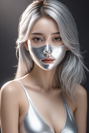 anime style, masterpiece, full length portrait, hyper realistic, 8K, wide shot, captured through a high speed DLSR camera lens, sitting, hyper realistic human skin, female, 20 years old, Marin de aguila, one silver mask that completely covers the entire face including eyes and mouth