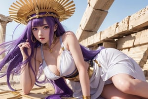 Full body superrealistic 18-year-old woman with long shiny purple hair with bangs, with a childish face with triangle Japanese features, big dark blue eyes, a white Greek dress cinched at the waist, a gold metal belt with an ultra-realistic parthenon background, 4k wind strong
