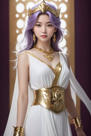 Realistic, Saori Kido, also known as Athena, is a 16-year-old girl of great elegance and beauty that arouses admiration around her. Her hair is long and a purple-blonde hue, flowing smoothly to her shoulders and framing her face. Her eyes are a deep light blue, with a serene and compassionate look that reflects her role as protector and leader. She wears a flowing white gown that falls to her ankles, decorated with golden details and intricate embroidery denoting her position as the goddess Athena. She wears a golden belt that adjusts the dress to her figure, and a similarly golden necklace adorns her neck. On her left wrist, she wears a gold bracelet with a small symbol representing the Pegasus constellation, in honor of the Knight of Pegasus, Seiya, one of her faithful protectors. In her right hand, she holds a ceremonial scepter that exudes a sense of divine power. Atop the scepter is a miniature replica of Pegasus' armor helmet, symbolizing his connection to the Bronze Knights and his mission to protect Earth. The expression on her face combines grace and serenity, with a slight smile reflecting her confidence in good and her desire to protect humanity. Her presence radiates authority and warmth, inspiring those around her to fight for justice and peace, full body shot, cinematic lighting, captured full body through the lens of a high speed DSLR camera.