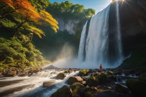 (((full length portrait))) (((masterpiece))) (((super realistic))) (((8K))) (((wide shot))) (((side angle))) ( ((maximum detail))) (((hyperrealistic))) giant waterfall, bright sun, studio lighting, film lighting, vibrant colors, vivid colors, photographic film, Fujifilm XT3 captured by a Samyang 85mm F1.4 Fe E lens , 80mm Sigma f/1.4, (((Regular Zoom)))