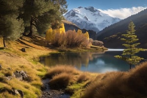 Instrucciones para generar un paisaje de montaña (con picos nevados y árboles frondosos) junto a un lago (de aguas cristalinas)