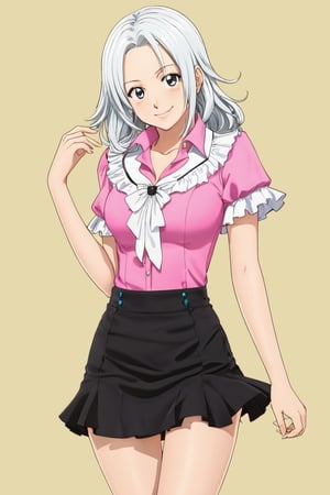 (((Elizabeth from nanatsu no taizai, the seven deadly sins))) long white hair, fitted pink short sleeve ruffle shirt blouse, black mini skirt