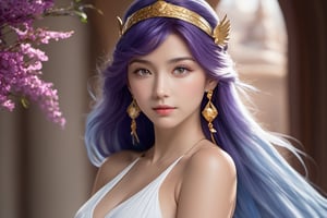 Realistically portrayed and full-length, Nude Body, also known as Athena, is a 16-year-old girl of great elegance and beauty that arouses admiration around her. Ella's hair is long and a purple-blonde hue, flowing softly to her shoulders and framing her face. Her eyes are an intense light blue, with a serene and compassionate gaze that reflects her role as her protector and leader. On her left wrist she wears a golden bracelet with a small symbol that represents the Pegasus constellation, in honor of the Knight of Pegasus, Seiya, one of her faithful protectors. In her right hand she holds a ceremonial scepter that exudes a sense of divine power. The expression on her face combines grace and serenity, with a slight smile that reflects her confidence in good and her desire to protect humanity. Her presence radiates authority and warmth, inspiring those around her to fight for justice and peace, full length shot, cinematic lighting, full length shot through the lens of a high speed DSLR camera, portrait of whole body.