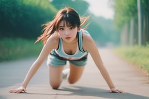 Masterpiece, Full Length, Realistic Portrait, Captured Full Length Through the Lens of a High Speed DSLR Camera, 90s Anime Style, Crawling, 1girl.