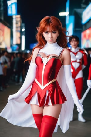 a full body, masterpiece, realistic photo, full shot, captured through the lens of a high speed DSLR camera, 90's anime style, saint seiya, marin de aguila, super realistic human skin, 8K, attack pose, 1 girl , beautiful face, bare arms, 20 years old, semi-wavy red hair, short hair, all black sleeveless leotard, red thigh-high stockings, white ankle warmers, black gloves, a white scarf around her the waist, black shoes.