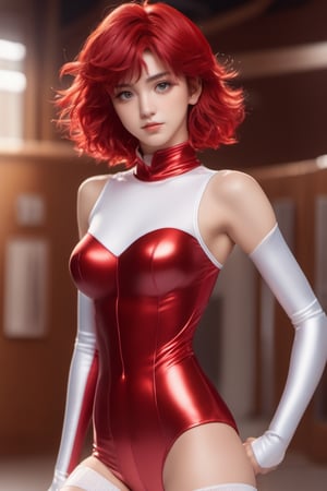 a full body, masterpiece, 90's anime style, saint seiya, super realistic human skin, 8K, 1 girl, 20 years old, short hair, semi wavy red hair, zero manga black leotard, colored thigh high stockings red, white ankle boots,