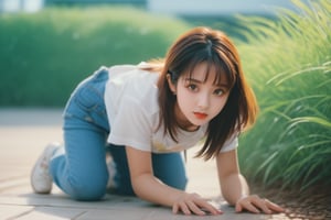 Masterpiece, Full Length, Realistic Portrait, Captured Full Length Through the Lens of a High Speed DSLR Camera, 90s Anime Style, Crawling, 1girl.