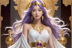 realistic, Saori Kido, also known as Athena, is a young woman of great elegance and beauty who arouses admiration around her. Her hair is long and a purple-blonde hue, flowing smoothly to her shoulders and framing her face. Her eyes are a deep light blue, with a serene and compassionate look that reflects her role as protector and leader. She wears a flowing white gown that falls to her ankles, decorated with golden details and intricate embroidery denoting her position as the goddess Athena. She wears a golden belt that adjusts the dress to her figure, and a similarly golden necklace adorns her neck. On her left wrist, she wears a gold bracelet with a small symbol representing the Pegasus constellation, in honor of the Knight of Pegasus, Seiya, one of her faithful protectors. In her right hand, she holds a ceremonial scepter that exudes a sense of divine power. Atop the scepter is a miniature replica of Pegasus' armor helmet, symbolizing his connection to the Bronze Knights and his mission to protect Earth. The expression on her face combines grace and serenity, with a slight smile reflecting her confidence in good and her desire to protect humanity. Her presence radiates authority and warmth, inspiring those around her to fight for justice and peace, full body shot, cinematic illumination.