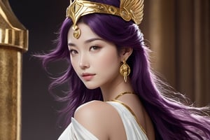 realistic, Saori Kido, also known as Athena, is a young woman of great elegance and beauty who arouses admiration around her. Her hair is long and a purple-blonde hue, flowing smoothly to her shoulders and framing her face. Her eyes are a deep light blue, with a serene and compassionate look that reflects her role as protector and leader. She wears a flowing white gown that falls to her ankles, decorated with golden details and intricate embroidery denoting her position as the goddess Athena. She wears a golden belt that adjusts the dress to her figure, and a similarly golden necklace adorns her neck. On her left wrist, she wears a gold bracelet with a small symbol representing the Pegasus constellation, in honor of the Knight of Pegasus, Seiya, one of her faithful protectors. In her right hand, she holds a ceremonial scepter that exudes a sense of divine power. Atop the scepter is a miniature replica of Pegasus' armor helmet, symbolizing his connection to the Bronze Knights and his mission to protect Earth. The expression on her face combines grace and serenity, with a slight smile reflecting her confidence in good and her desire to protect humanity. Her presence radiates authority and warmth, inspiring those around her to fight for justice and peace, full body capture.