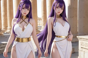 16-year-old woman with long shiny purple hair with bangs, with triangle Japanese features, big dark blue eyes, white Greek dress cinched at the waist, gold metal belt with ultra-realistic parthenon background 4k