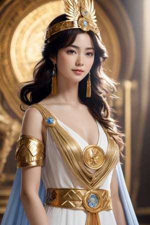 realistic, Saori Kido, also known as Athena, is a young woman of great elegance and beauty who arouses admiration around her. Her hair is long and golden blonde, flowing smoothly to her shoulders and framing her face. Her eyes are a deep light blue, with a serene and compassionate look that reflects her role as protector and leader. She wears a flowing white gown that falls to her ankles, decorated with golden details and intricate embroidery denoting her position as the goddess Athena. She wears a golden belt that adjusts the dress to her figure, and a similarly golden necklace adorns her neck. On her left wrist, she wears a gold bracelet with a small symbol representing the Pegasus constellation, in honor of the Knight of Pegasus, Seiya, one of her faithful protectors. In her right hand, she holds a ceremonial scepter that exudes a sense of divine power. Atop the scepter is a miniature replica of Pegasus' armor helmet, symbolizing his connection to the Bronze Knights and his mission to protect Earth. The expression on her face combines grace and serenity, with a slight smile reflecting her confidence in good and her desire to protect humanity. Her presence radiates authority and warmth, inspiring those around her to fight for justice and peace.