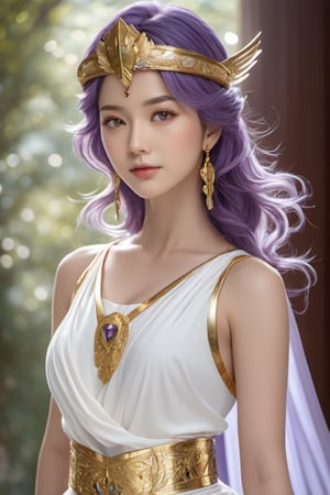 Realistic, full body capture, Saori Kido, also known as Athena, is a young woman of great elegance and beauty that arouses admiration around her. Her hair is long and a purple-blonde hue, flowing smoothly to her shoulders and framing her face. Her eyes are a deep light blue, with a serene and compassionate look that reflects her role as protector and leader. She wears a flowing white gown that falls to her ankles, decorated with golden details and intricate embroidery denoting her position as the goddess Athena. She wears a golden belt that adjusts the dress to her figure, and a similarly golden necklace adorns her neck. On her left wrist, she wears a gold bracelet with a small symbol representing the Pegasus constellation, in honor of the Knight of Pegasus, Seiya, one of her faithful protectors. In her right hand, she holds a ceremonial scepter that exudes a sense of divine power. Atop the scepter is a miniature replica of Pegasus' armor helmet, symbolizing her connection to the Bronze Knights and her mission to protect Earth. The expression on her face combines grace and serenity, with a slight smile reflecting her confidence in good and her desire to protect humanity. Her presence radiates authority and warmth, inspiring those around her to fight for justice and peace.