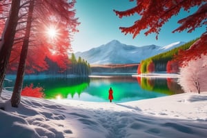 (((realistic photo))) (((8K))) red and green trees, radiant sun green field with snowfall, crystal clear lake, a naked woman, ambient lighting